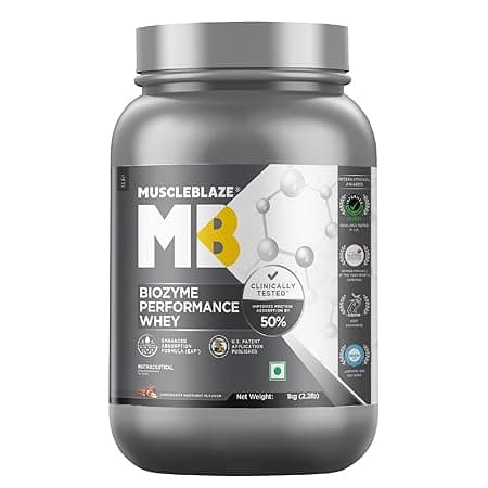 MuscleBlaze Biozyme Performance Whey Protein | Clinically Tested 50% Higher Protein Absorption | Informed Choice UK, Labdoor USA Certified & US Patent Filed EAF® (Chocolate Hazelnut, 1 kg / 2.2 lb)